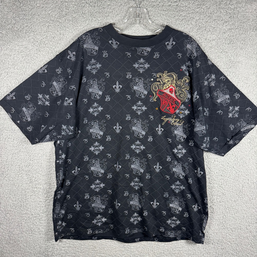 Y2K Avirex Mens Black Monogram Crest Embroidered T-Shirt Size Large 2000s Skate